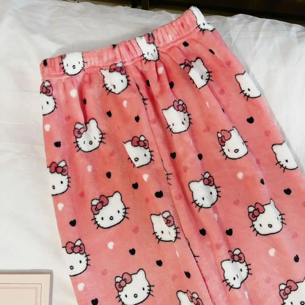 Kawaii Hello Kitty Pajamas Black Anime Flannel Women Warm Woolen Whitecartoon Casual Home Pants Autumn Fashion Trousers Gifts