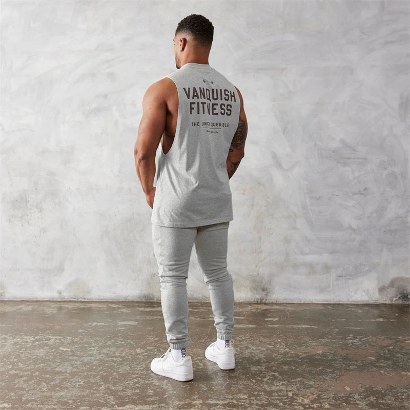 Gym exercise fitness sports men's vest cotton wide shoulder round neck sleeveless shirt slim casual men's wear