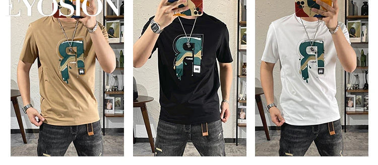 Summer Men‘s T-shirt with Letter Print Cotton Vintage Loose Soft Tshirt Basic Tops Short Sleeve T Shirt Male Tees 5XL