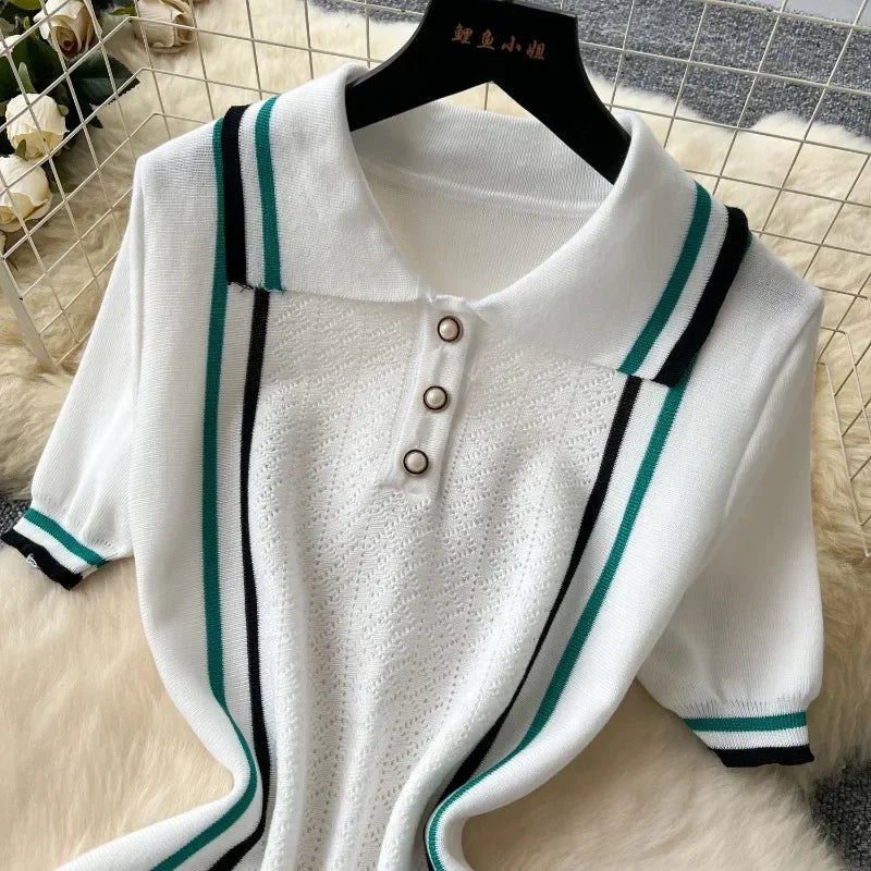 Women Color Patchwork Ruffles Hem Knitted Mini Dress Buttons Polo-neck Short Sleeve High Stretch Bodycon Casual Outfits Vestidos