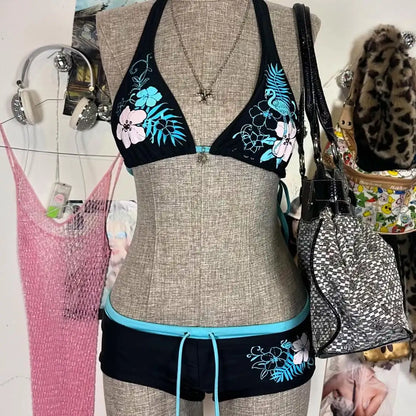 Y2k Vintage Flower print Cutie 2 set Bikini Swimsuit Sexy Women Bathing Fashion Halter Strap Swimwear High Street Beach Female