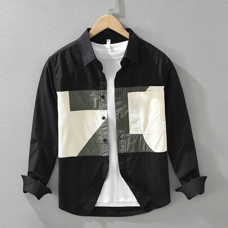 100% Cotton New White Shirt Men Spring Fall Daily Casual Long Sleeve Shirt Man Patchwork Design Shirt Streetwear Fashion Shirts