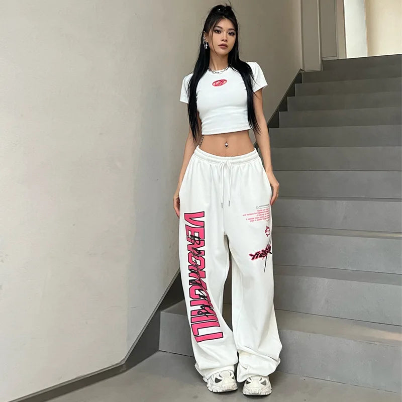 New Y2K Streetwear White Track Pants Women Harajuku Hippie Wide Leg Sweatpants Oversize Quick Dry Printed Joggers Trousers