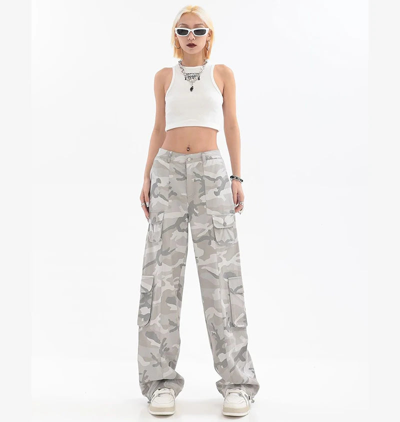 Female Hip Hop Grey Camouflage Cargo Pants American Style Y2K Oversized Loose Straight Wide Leg Pants Vintage Casual Sweatpants