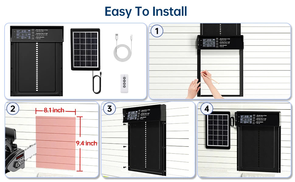 Solar Chicken Coop Door, Automatic Chicken Door Solar Powered & USB Charging, Auto Chicken Door 4 Modes with Timer & Light Senso