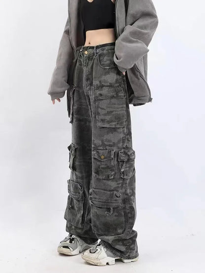 2023 American style retro street camouflage overalls women's hip-hop fried street wide-leg casual pants high street ins tide Y2K
