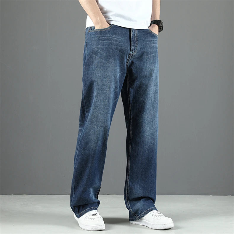 100% Cotton Men's Summer Thin Jeans Classic Straight Baggy Denim Pants Brand Comfortable Casual Trousers Plus Size 42 44 46 48