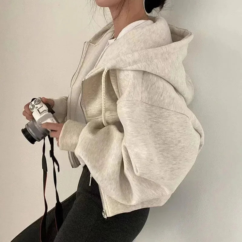2023 Autumn/Winter New Fleece-Lined Versatile Fashion Cropped Slim Zippered Warm Solid Color Hooded Sweatshirt For Women