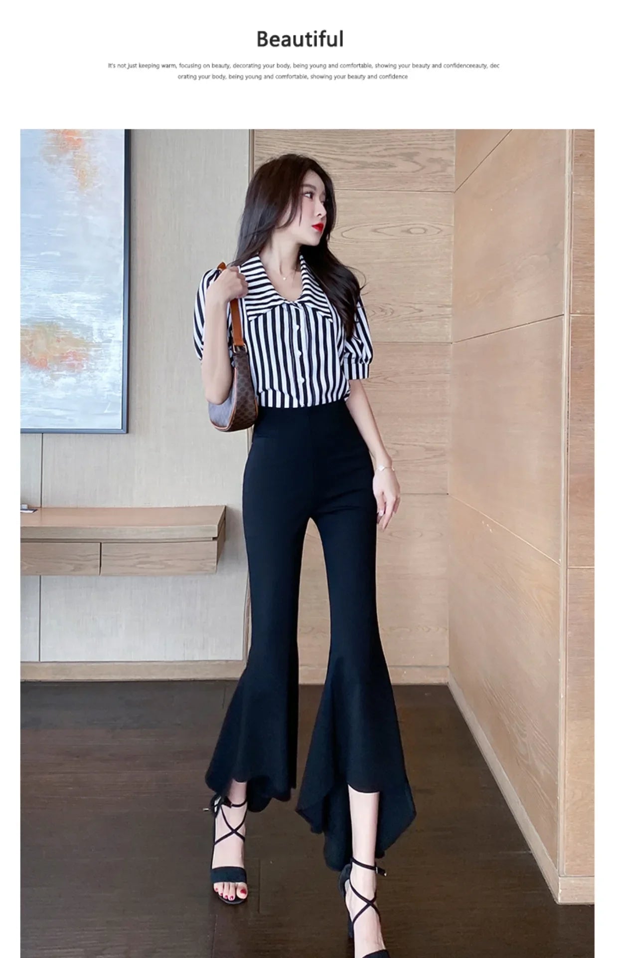 Chic Ladies Wear Fit Bell-bottoms Cropped Pants Women OL High Waist Zipper Fly Trousers Female Streetwear Clothes Vy7500