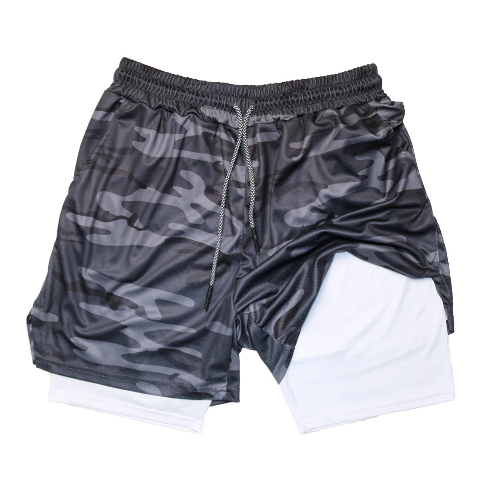 Men's Double Layer Fitness Shorts Men Fitness Gym Training 2 in 1 Sports Shorts Quick Dry Workout Jogging Double Deck Summer