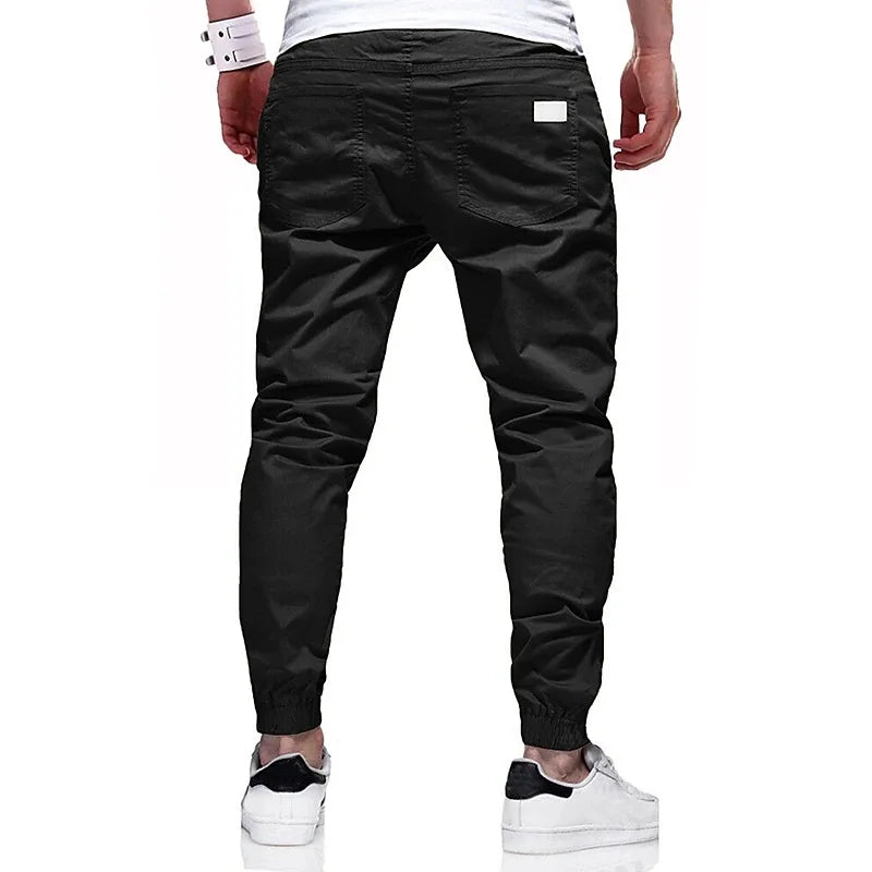 Cargo Pants Men Long Pant Lace Up High Elastic Waist Simple Splice Pockets Casual Regular Solid Autumn Winter Elastic Waist