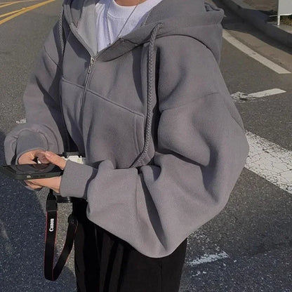 2023 Autumn/Winter New Fleece-Lined Versatile Fashion Cropped Slim Zippered Warm Solid Color Hooded Sweatshirt For Women