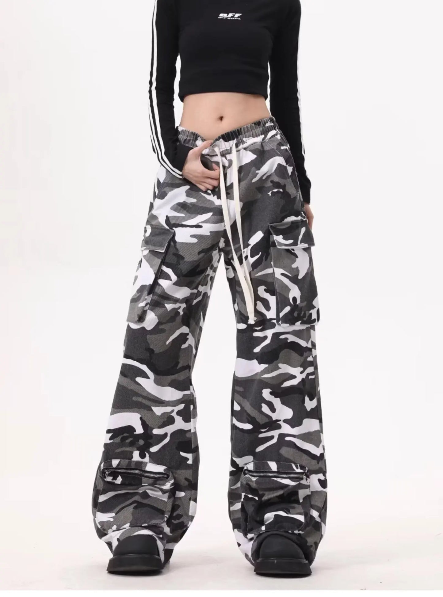 Y2k Baggy Cargo Pants For Women Camo Print Pants Streetwear Hip Hop Joggers Sweatpants Drawstring Casual Loose Wide Leg Trousers