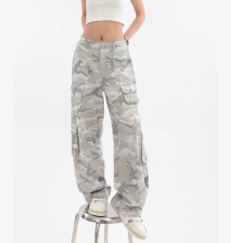 Female Hip Hop Grey Camouflage Cargo Pants American Style Y2K Oversized Loose Straight Wide Leg Pants Vintage Casual Sweatpants