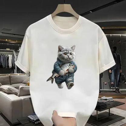 2024 New Super Cute Cat European and American Fashion Short sleeved Women's Essential Cartoon Print T-shirt Exquisite Gift
