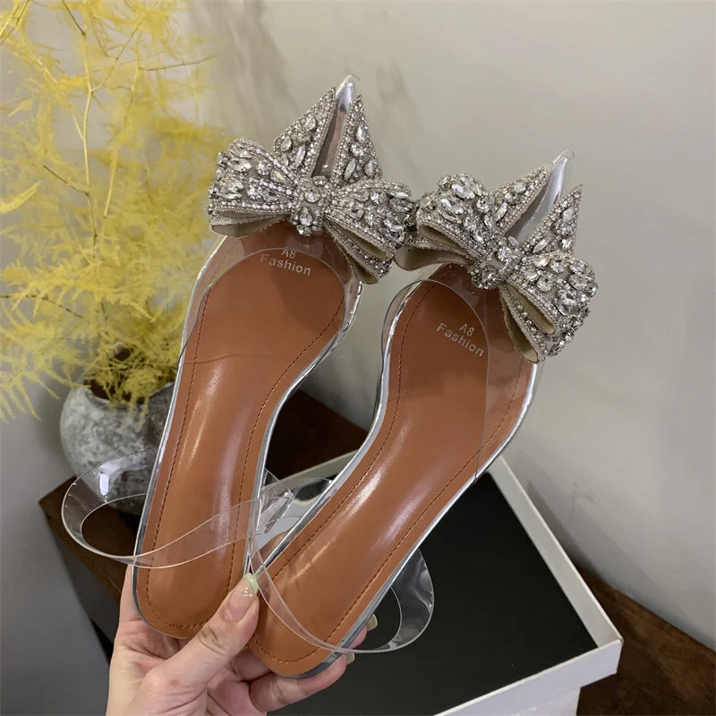 Liyke Fashion Design Crystal Bowknot Women Pumps Sexy Pointed Toe Clear High Heels Wedding Prom Shoes PVC Transparent Sandals