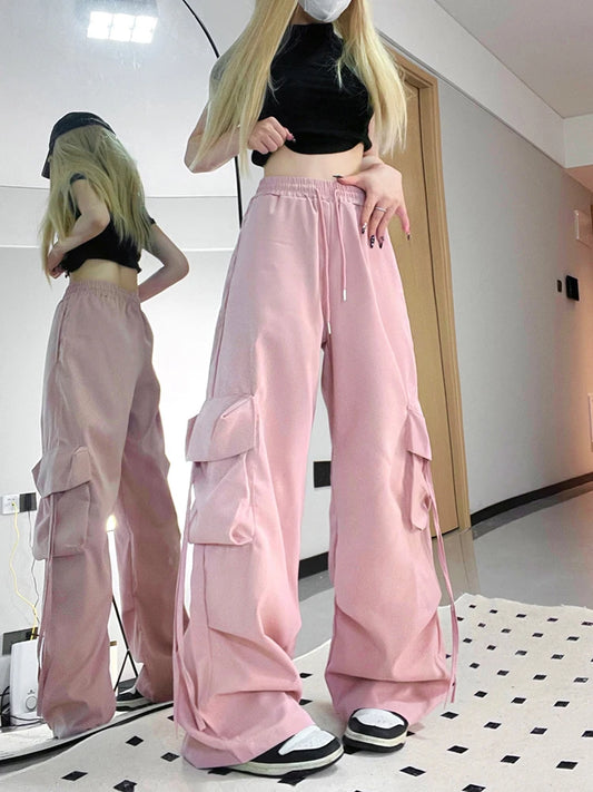 Zoki Pink Streetwear Cargo Pants Women Loose Harajuku Y2K Straight Trousers American Retro Hip Hop Casual Bf Wide Leg Pants New