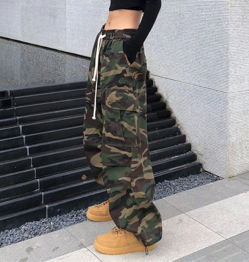 100% Pure Cotton Camo Cargo Pants Women Y2K Vintage Streetwear Joggers Sweatpants Bf Oversized Loose Hip Hop Wide Leg Trousers