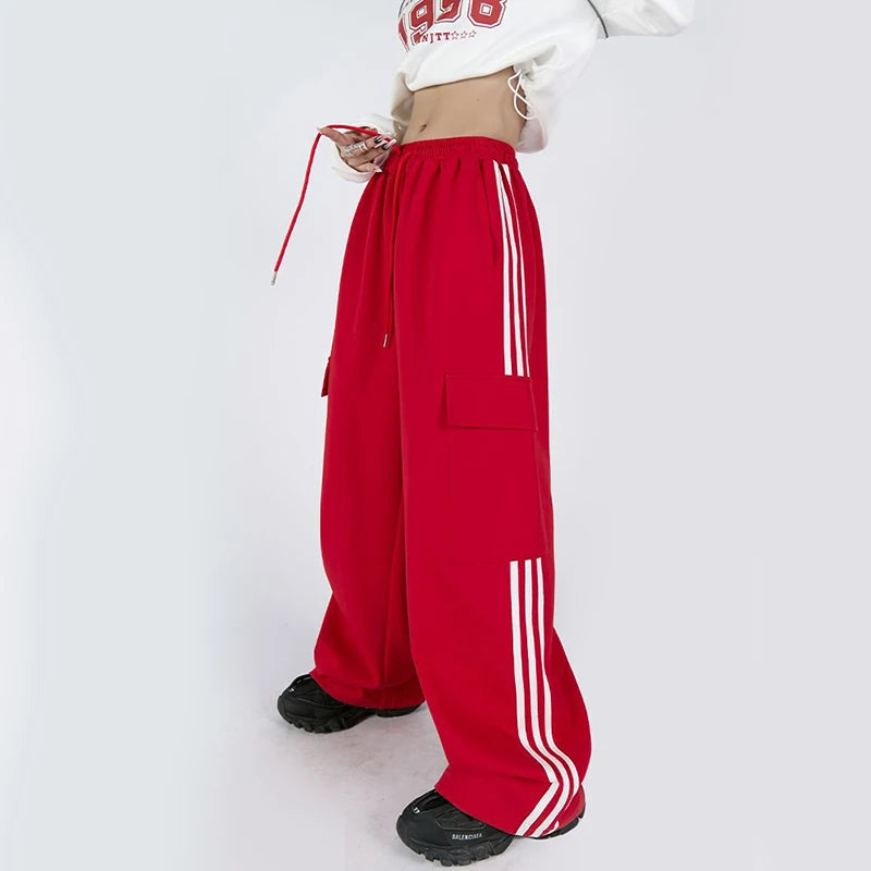 Jmprs Striped Women Cargo Pants American Style High Waist Fashion Y2K Streetwear Loose Wide Leg Pants Female Hip Hop Sweatpants