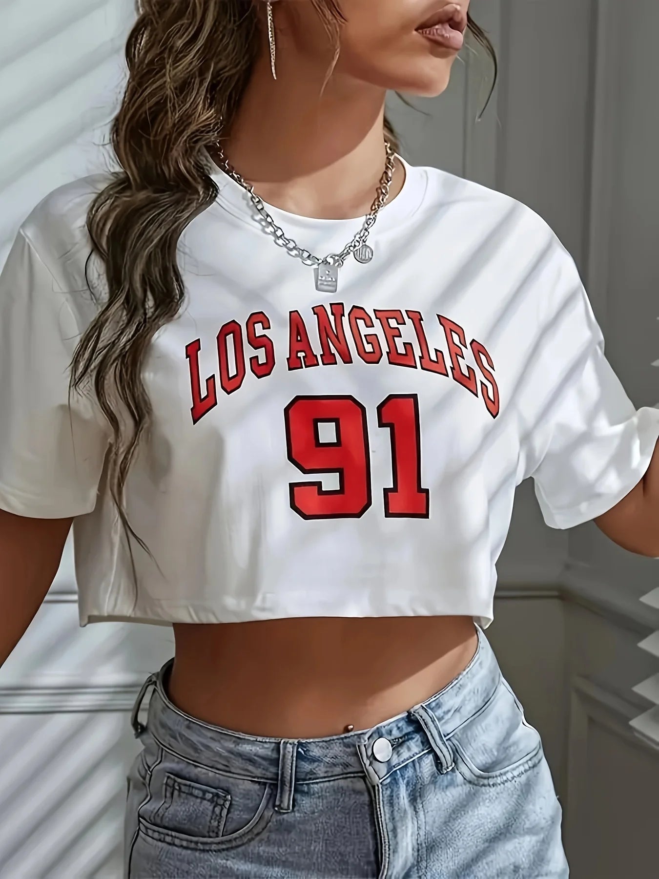 Los Angeles Number 91 Graphic Round Neck Sports Crop T-shirt Crew Neck Casual Running Workout Crop Top Women's Activewear