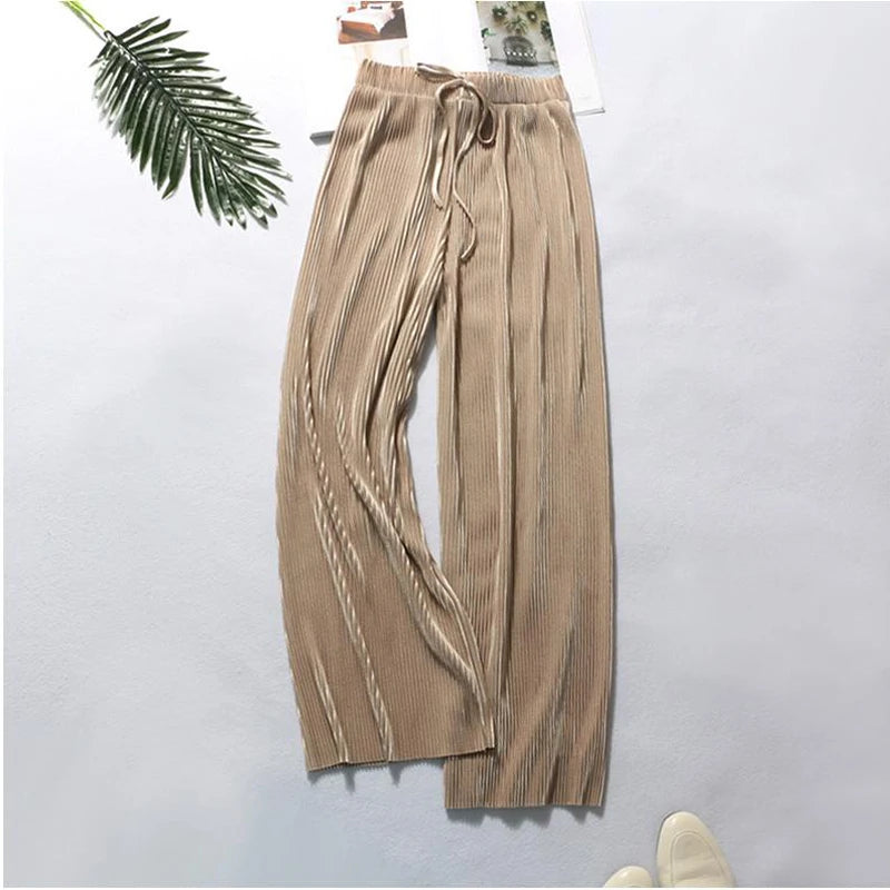 Women Fashion Summer Wide Leg Pants Pleated Ice Silk Trousers Elastic Waist Loose Casual Pants