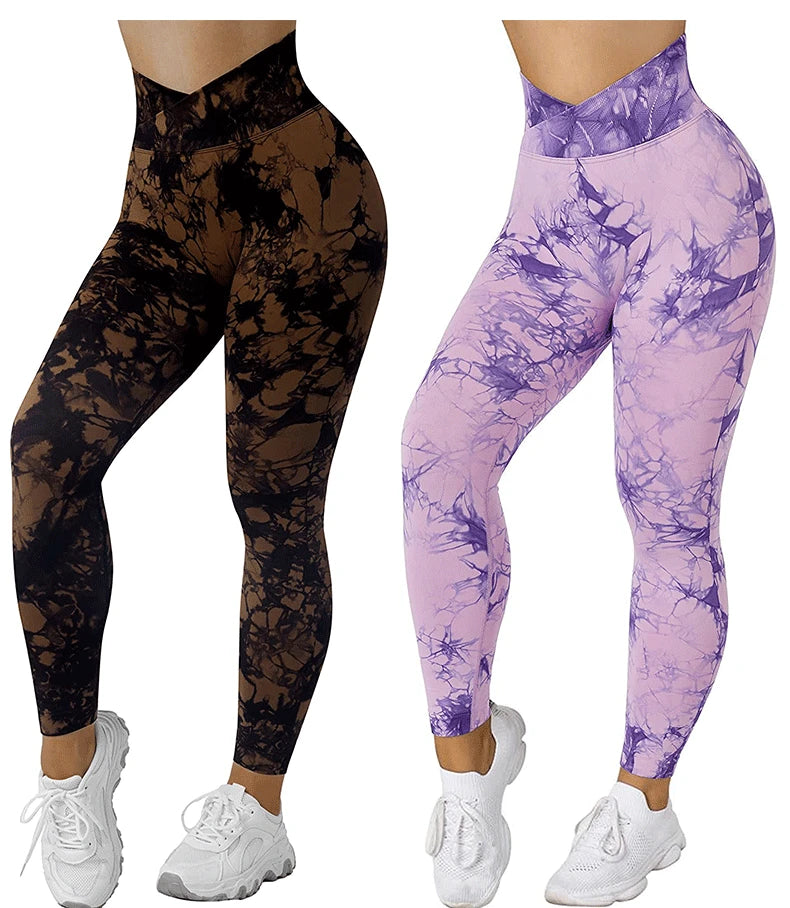 Women Cross Waist Leggings Seamless Tie Dye Leggings High Waist Hip Liftting Gym Workout Running Fashion High Elastic Knit Pants