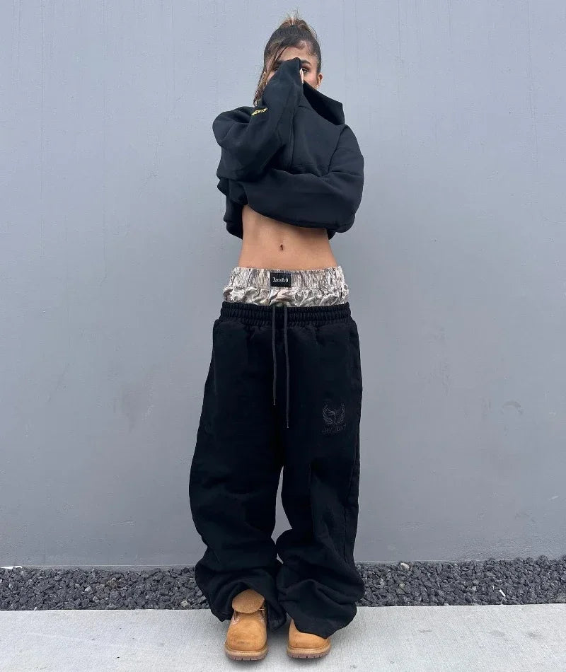 Y2K Retro Leisure Sports Pants Camouflage Embroidered Double Waist Pants Harajuku High Waisted Women Straight Leg Wide Leg Pants