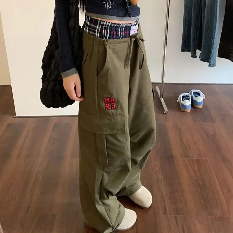 HOUZHOU Vintage Y2k Cargo Pants Women Baggy Embroidery Plaid Patchwork Trousers Slacks High Street Harajuku Wide Leg Sweatpants