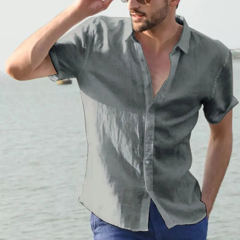 Summer Cotton Linen Shirts For Men Casual Short Sleeved Shirts Blouses Solid Turn-Down Collar Formal Beach Shirts Male Clothing