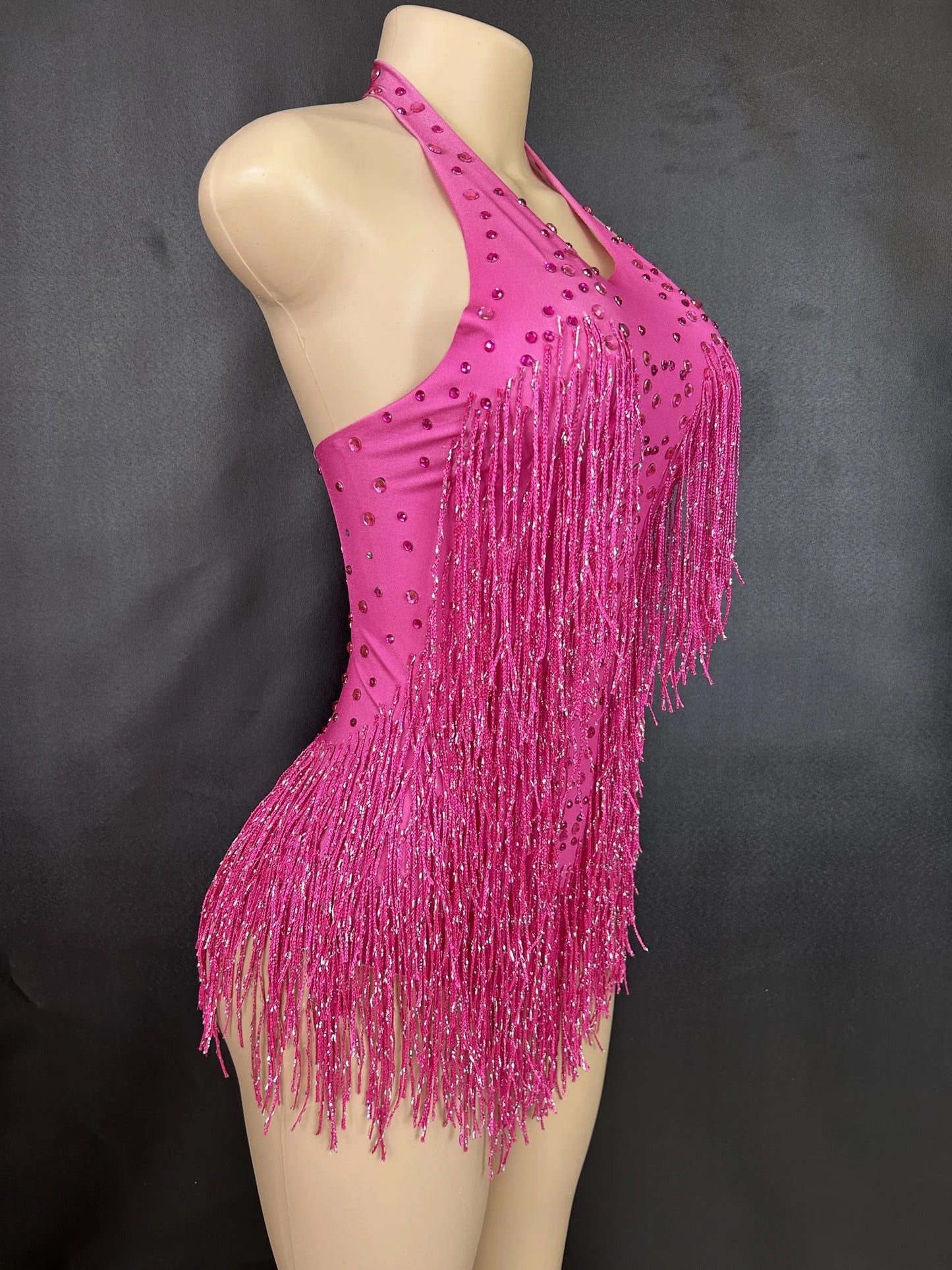 Sparkly Rhinestones Fringe Bodysuit WomenVightclub Party Dance Costume Stage Wear SexyTassel Leotard Performance Clothing 7G