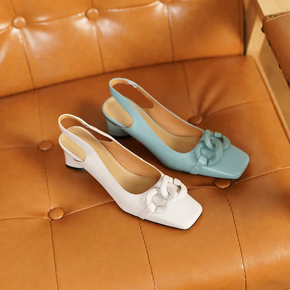 【JOCHEBED HU】new brand summer new style fashion women genuine personality leather buckle square toe thick heel shoes 34-43