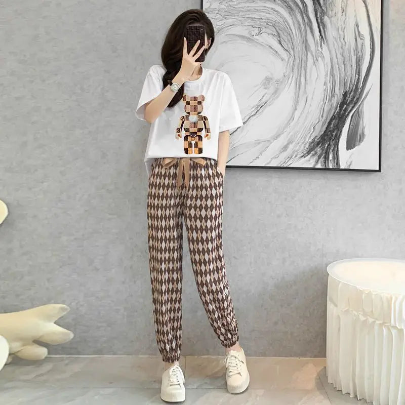 2 Piece Set for Women 2023 Summer Korean Fashion Bear Printed High Waist Wide Leg Pants Loose Short Sleeve T Shirt Women Clothes