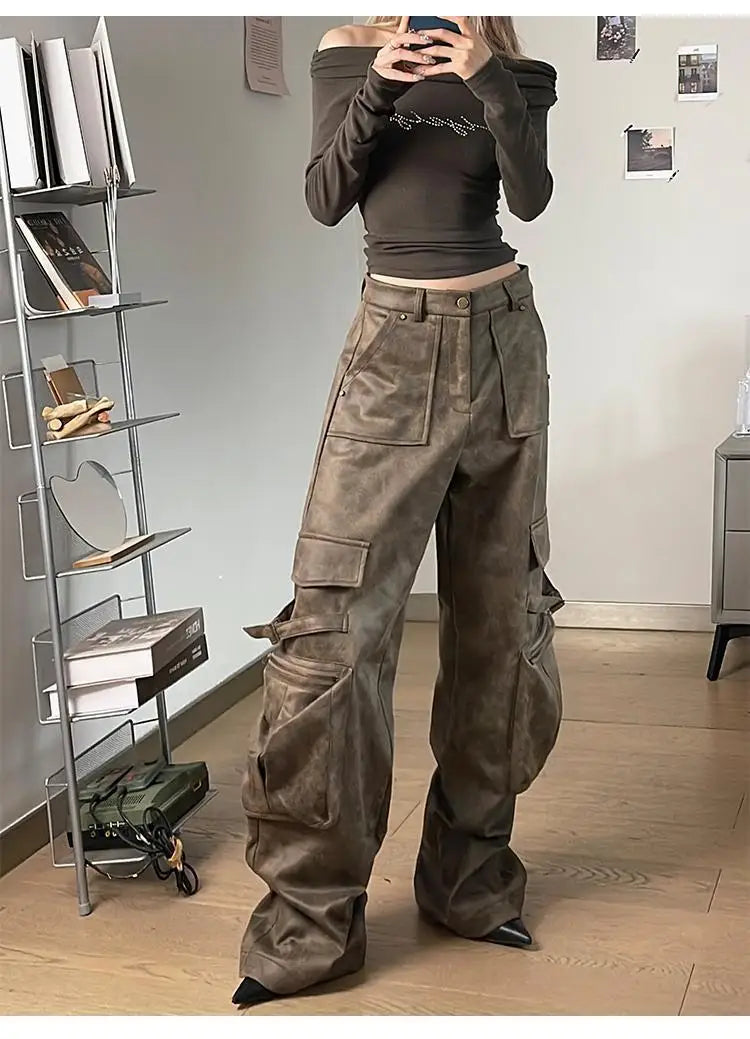 Deeptown Y2k Baggy Leather Cargo Pants Women America High Street Casual Trashy Wide Leg Trousers 2000s Harajuku Pantalones