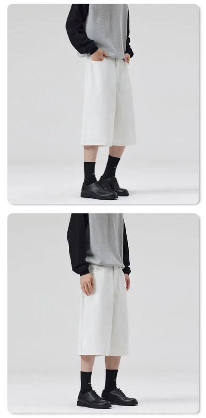 100% Cotton White Jeans Summer Men's Shorts Baggy Wide-leg Casual Calf-length Denim Pants Oversized Loose Fashion Streetwear