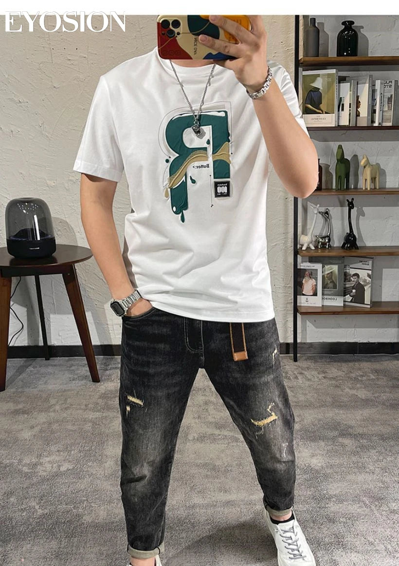 Summer Men‘s T-shirt with Letter Print Cotton Vintage Loose Soft Tshirt Basic Tops Short Sleeve T Shirt Male Tees 5XL