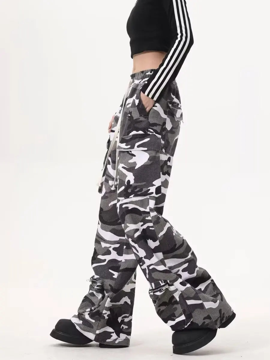 Y2k Baggy Cargo Pants For Women Camo Print Pants Streetwear Hip Hop Joggers Sweatpants Drawstring Casual Loose Wide Leg Trousers