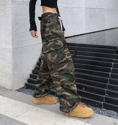100% Pure Cotton Camo Cargo Pants Women Y2K Vintage Streetwear Joggers Sweatpants Bf Oversized Loose Hip Hop Wide Leg Trousers