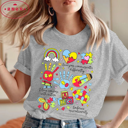 Women’s Shirts Everyone Communicates Differently Graphic Aesthetic Autism Printing Casual Shirt Tees Fashion Summer T-shirts