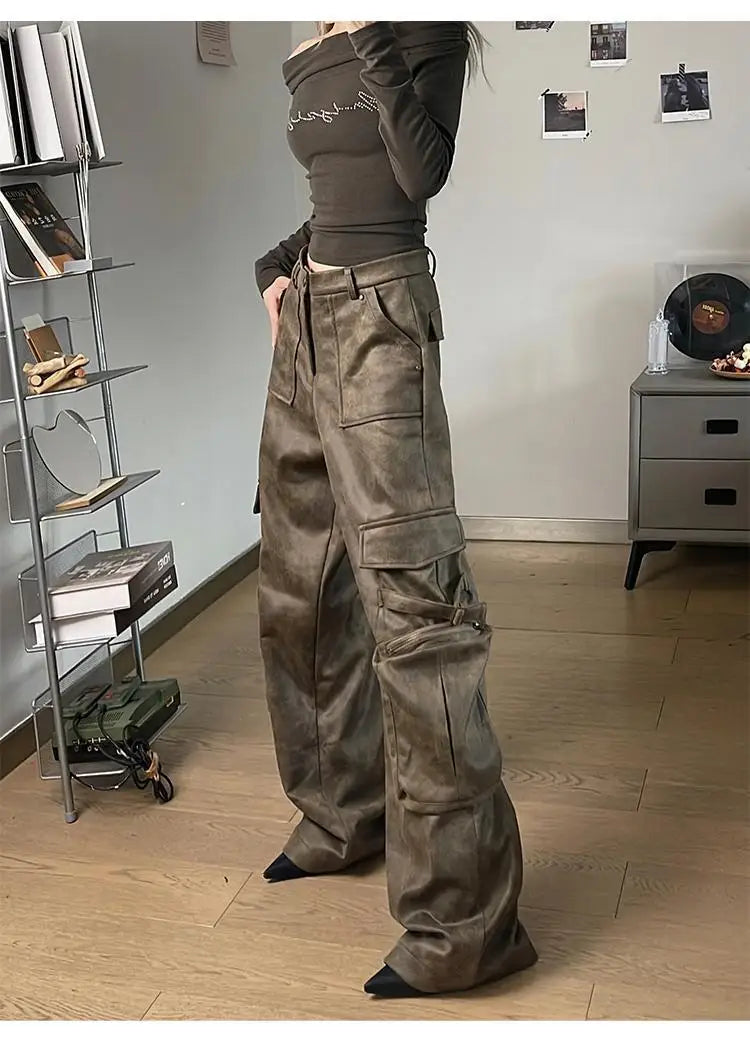 Deeptown Y2k Baggy Leather Cargo Pants Women America High Street Casual Trashy Wide Leg Trousers 2000s Harajuku Pantalones