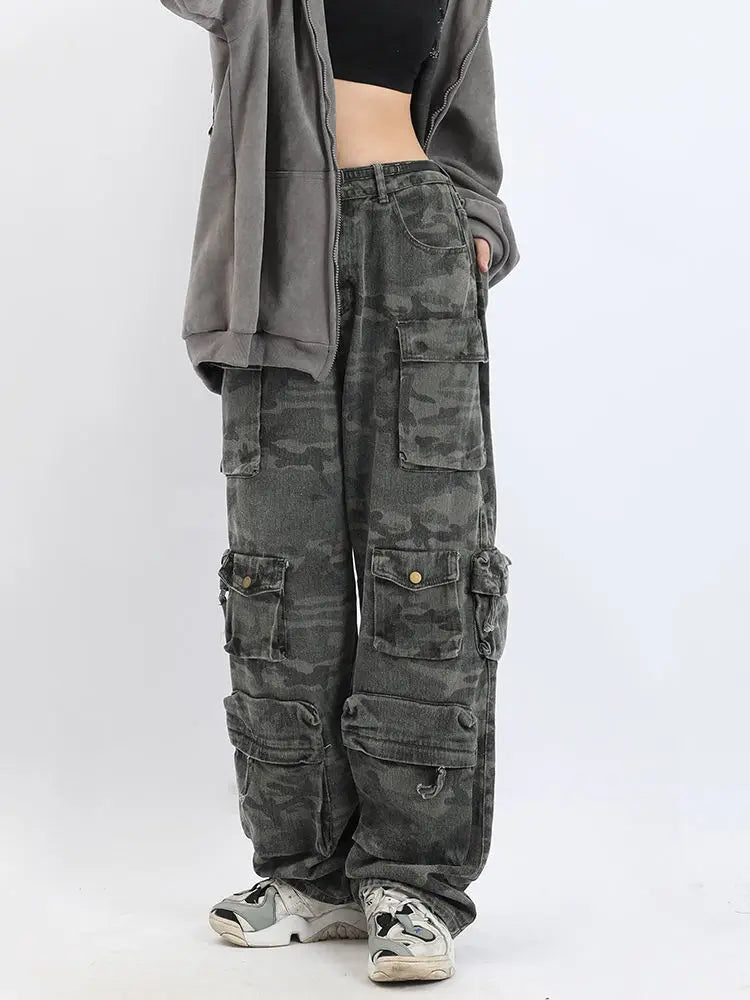 2023 American style retro street camouflage overalls women's hip-hop fried street wide-leg casual pants high street ins tide Y2K