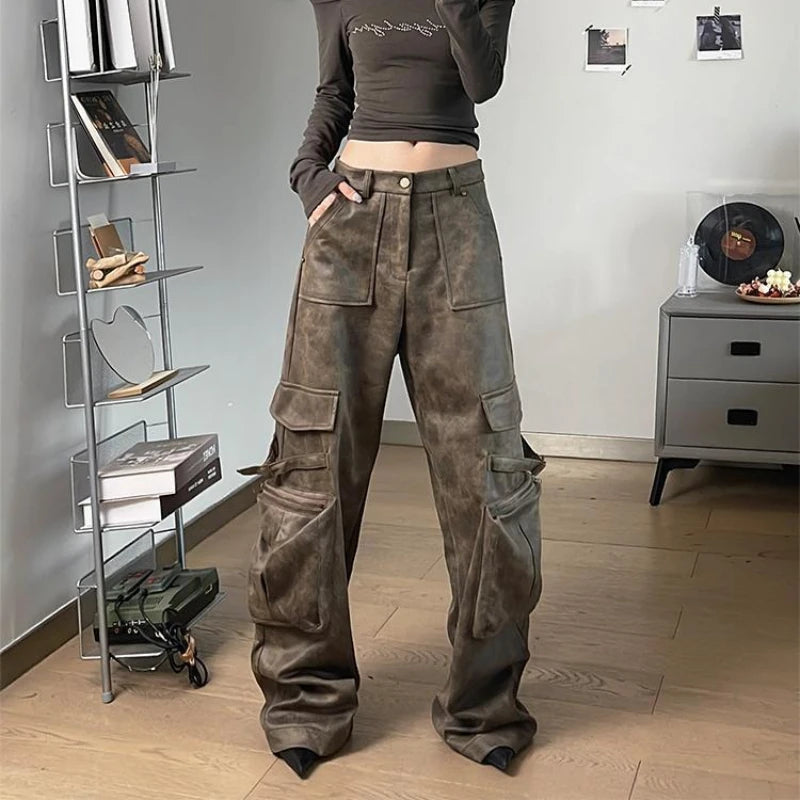 Deeptown Y2k Baggy Leather Cargo Pants Women America High Street Casual Trashy Wide Leg Trousers 2000s Harajuku Pantalones