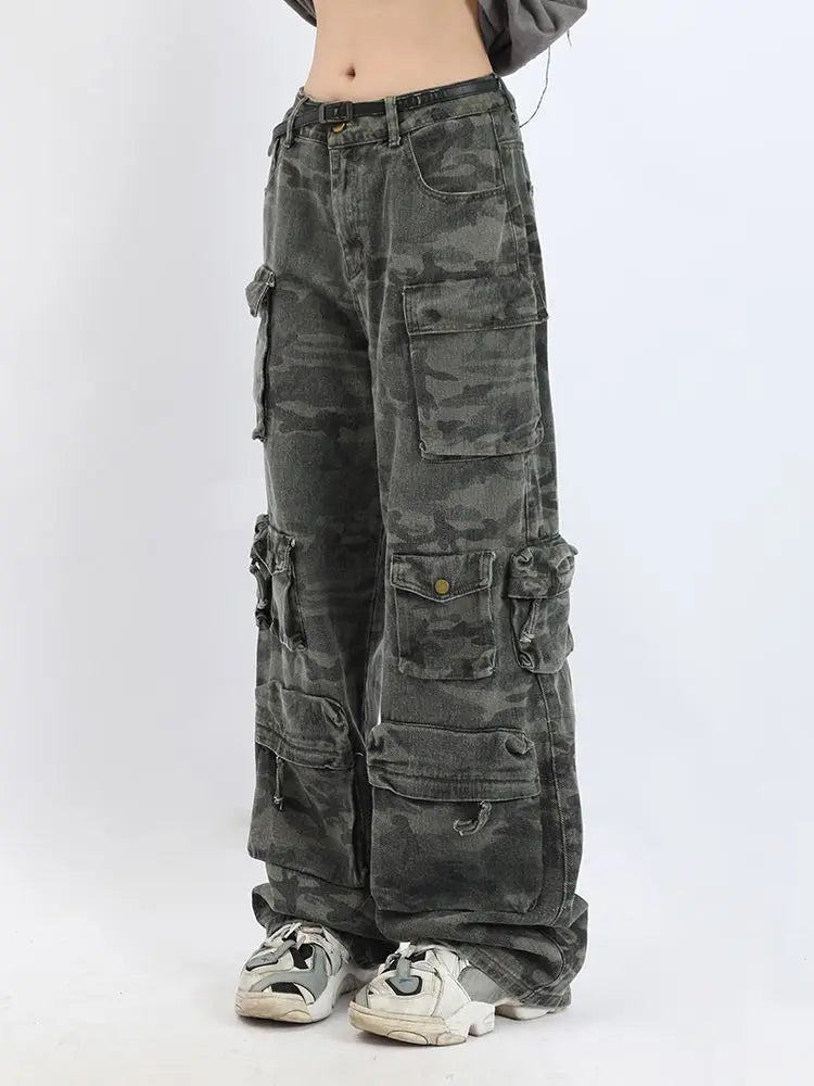 2023 American style retro street camouflage overalls women's hip-hop fried street wide-leg casual pants high street ins tide Y2K