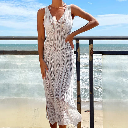 2024 Summer Ladies Vacation Hollow Out Robe Women Chic Solid Knitted Maxi Dress Fashion Sleeveless Sexy Beach Cover Up Dresses
