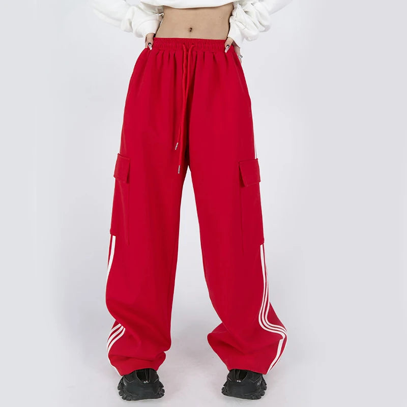 Jmprs Striped Women Cargo Pants American Style High Waist Fashion Y2K Streetwear Loose Wide Leg Pants Female Hip Hop Sweatpants