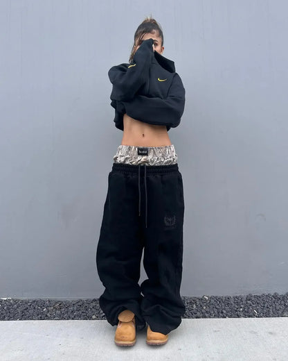 Y2K Retro Leisure Sports Pants Camouflage Embroidered Double Waist Pants Harajuku High Waisted Women Straight Leg Wide Leg Pants
