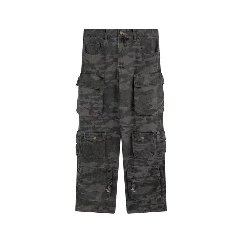 2023 American style retro street camouflage overalls women's hip-hop fried street wide-leg casual pants high street ins tide Y2K