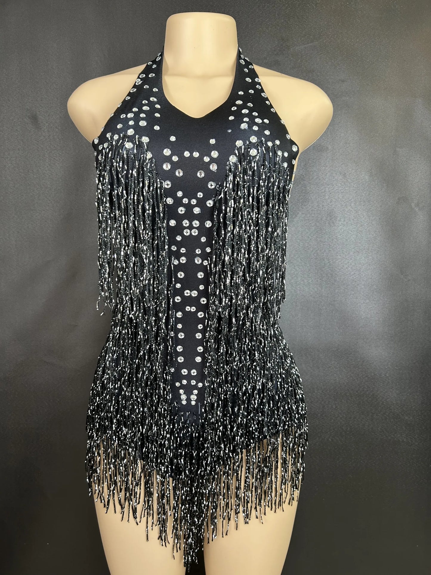 Sparkly Rhinestones Fringe Bodysuit WomenVightclub Party Dance Costume Stage Wear SexyTassel Leotard Performance Clothing 7G