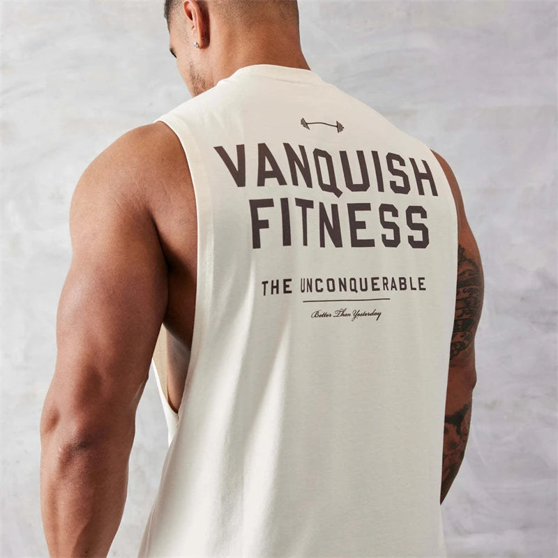 Gym exercise fitness sports men's vest cotton wide shoulder round neck sleeveless shirt slim casual men's wear