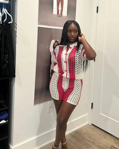 2024 Autumn Fashionable Striped Casual Loose-Fit Short Sleeve Lapel Top Short Skirt Set European American Cross-Border Style
