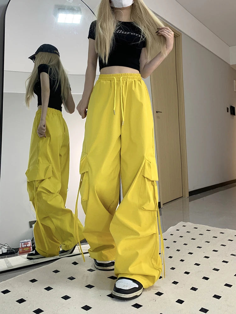 Zoki Pink Streetwear Cargo Pants Women Loose Harajuku Y2K Straight Trousers American Retro Hip Hop Casual Bf Wide Leg Pants New